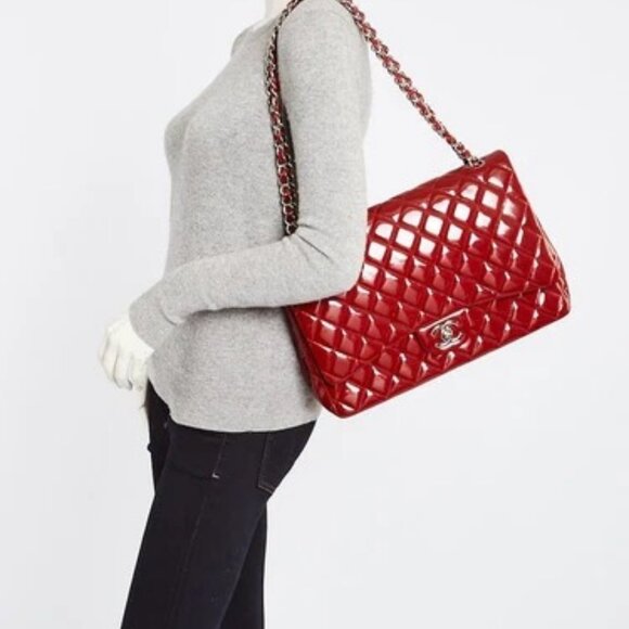 Chanel Dark Red Quilted Patent Leather Classic Maxi Double Flap Bag - Picture 2 of 10